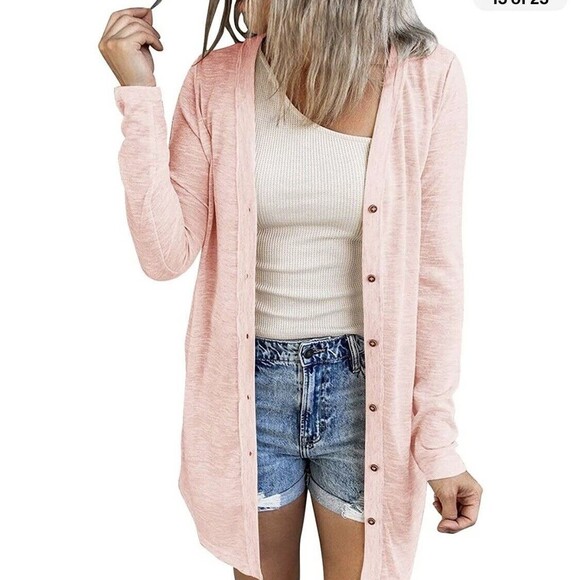 Merokeety Sweaters - MEROKEETY Womens Open Front Lightweight Cardigan pink medium Button Down Loose